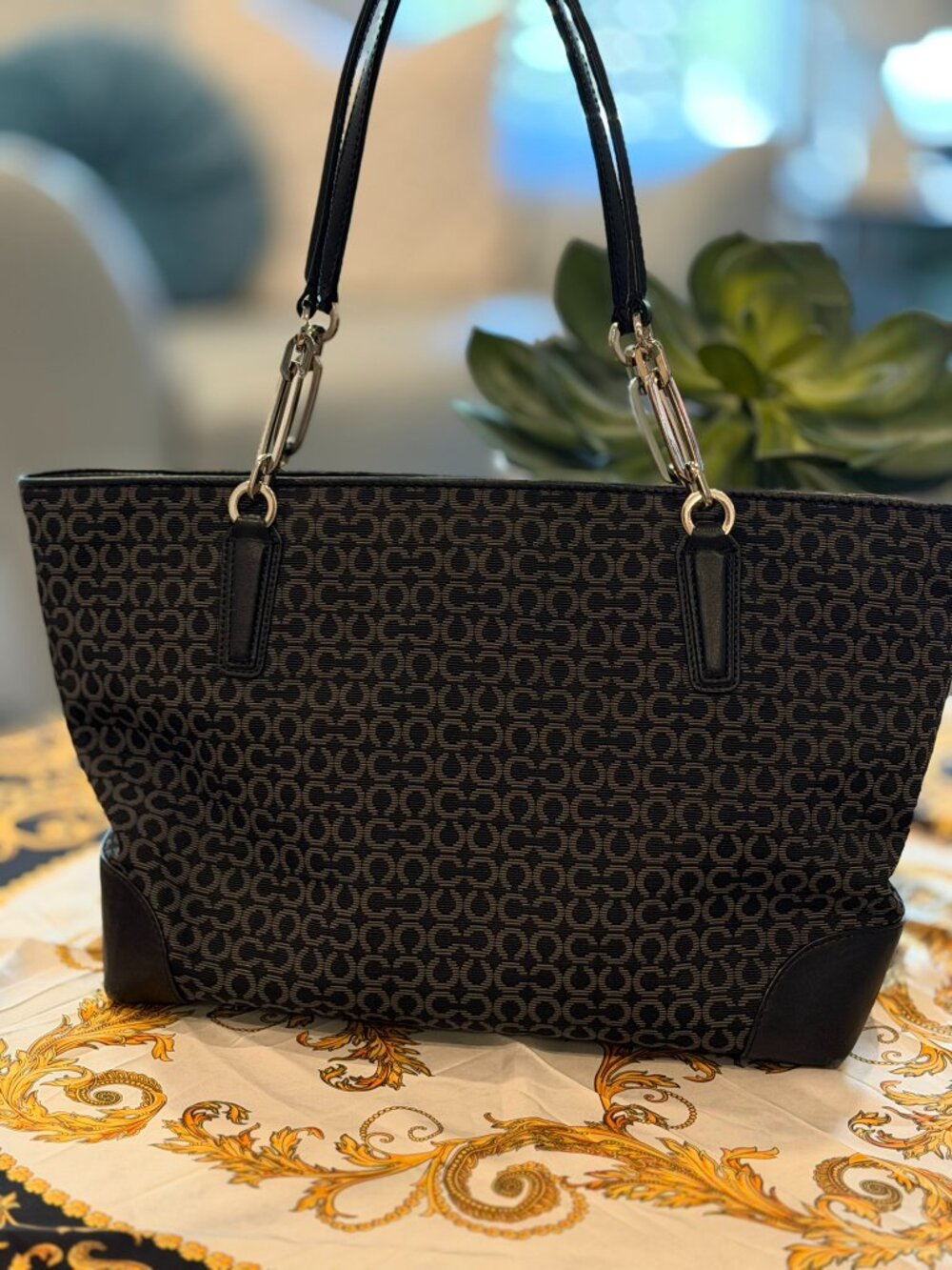Coach Madison Op Art Needlepoint East/West Tote (Style Number: 26767) Black/Grey